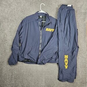 US Navy PT Tracksuit Jacket and Pants Set Navy Blue Yellow Graphic Medium Short